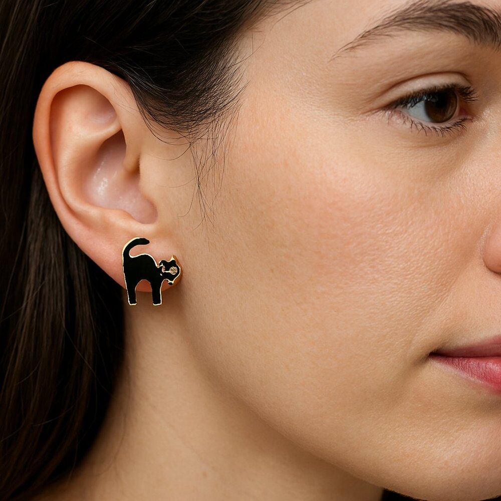 Black Cat Stud Enamel Earrings 3/4 Inch High 2 3/4 In Wide New